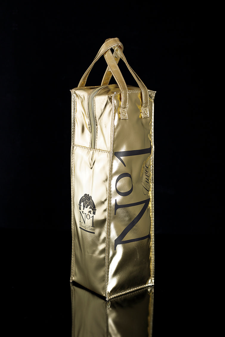 No.1 Cuvee gold chiller bag on a black background